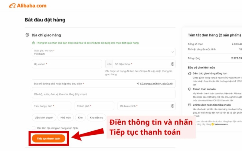 Tiến hành đặt hàng Alibaba